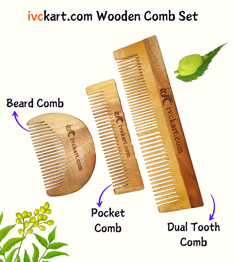 ivckart Kacchi Neem Wooden Beard+Pocket+Dual tooth Comb