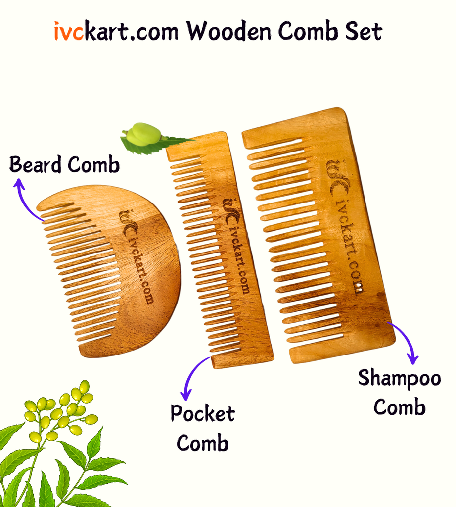 ivckart Kacchi Neem Wooden Beard+Pocket+Shampoo Comb