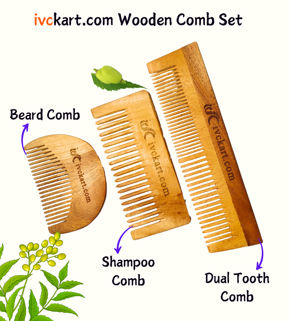 ivckart Kacchi Neem Wooden Beard+Shampoo+Dual tooth Comb