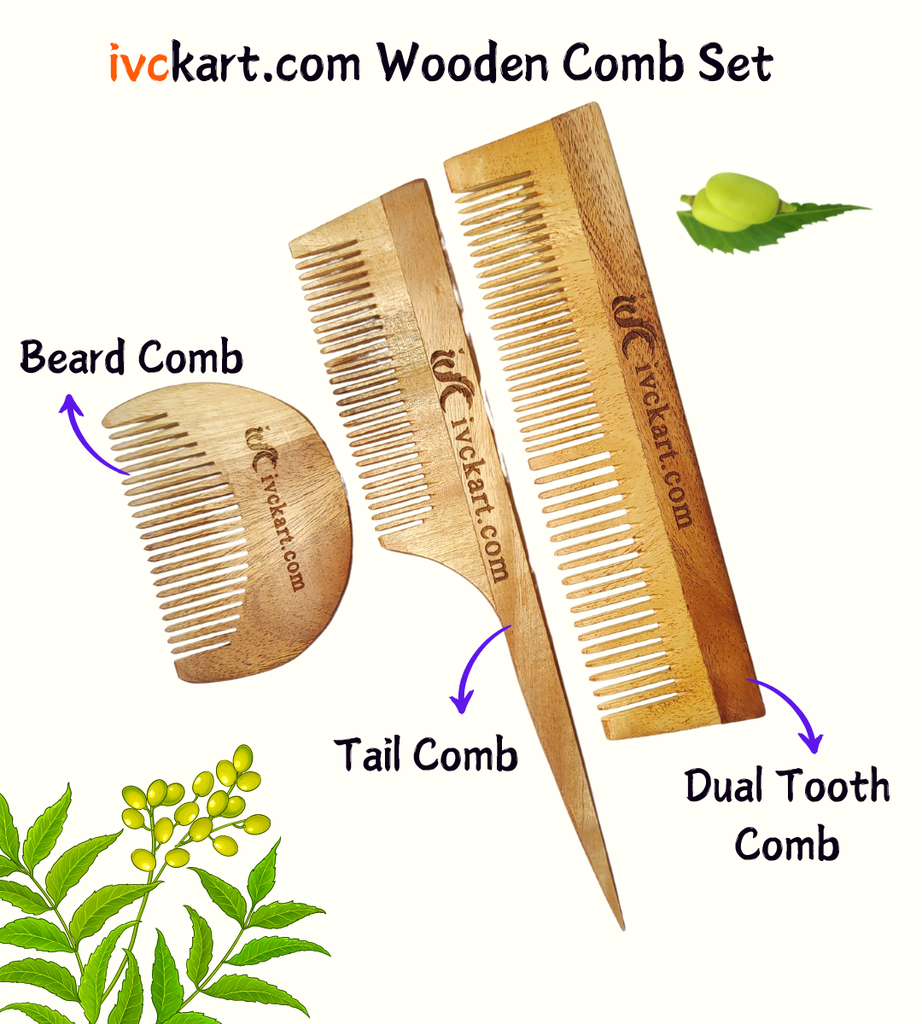 ivckart Kacchi Neem Wooden Beard+Tail+Dual tooth Comb