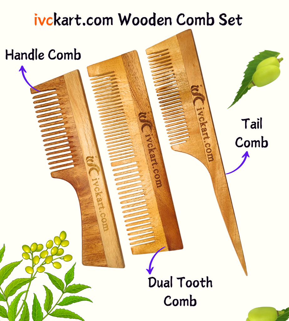 ivckart Kacchi Neem Wooden Handel+Dual tooth+Tail Comb