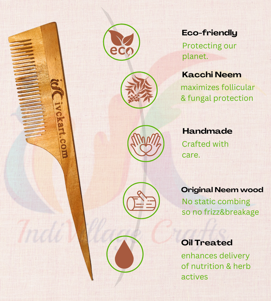 ivckart Kacchi Neem Wooden Handel+Dual tooth+Tail Comb