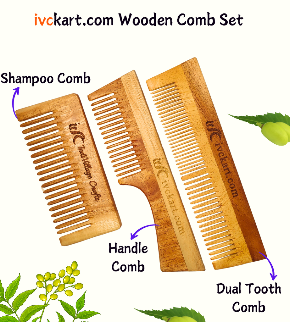 ivckart Kacchi Neem Wooden Shampoo+Handel+Dual tooth Comb