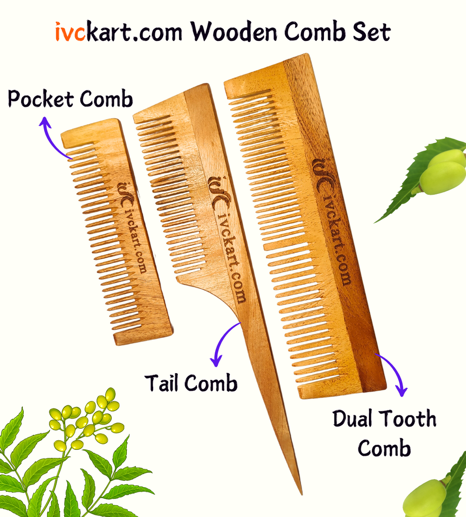 ivckart Kacchi Neem Wooden Pocket+Tail+Dual tooth Comb