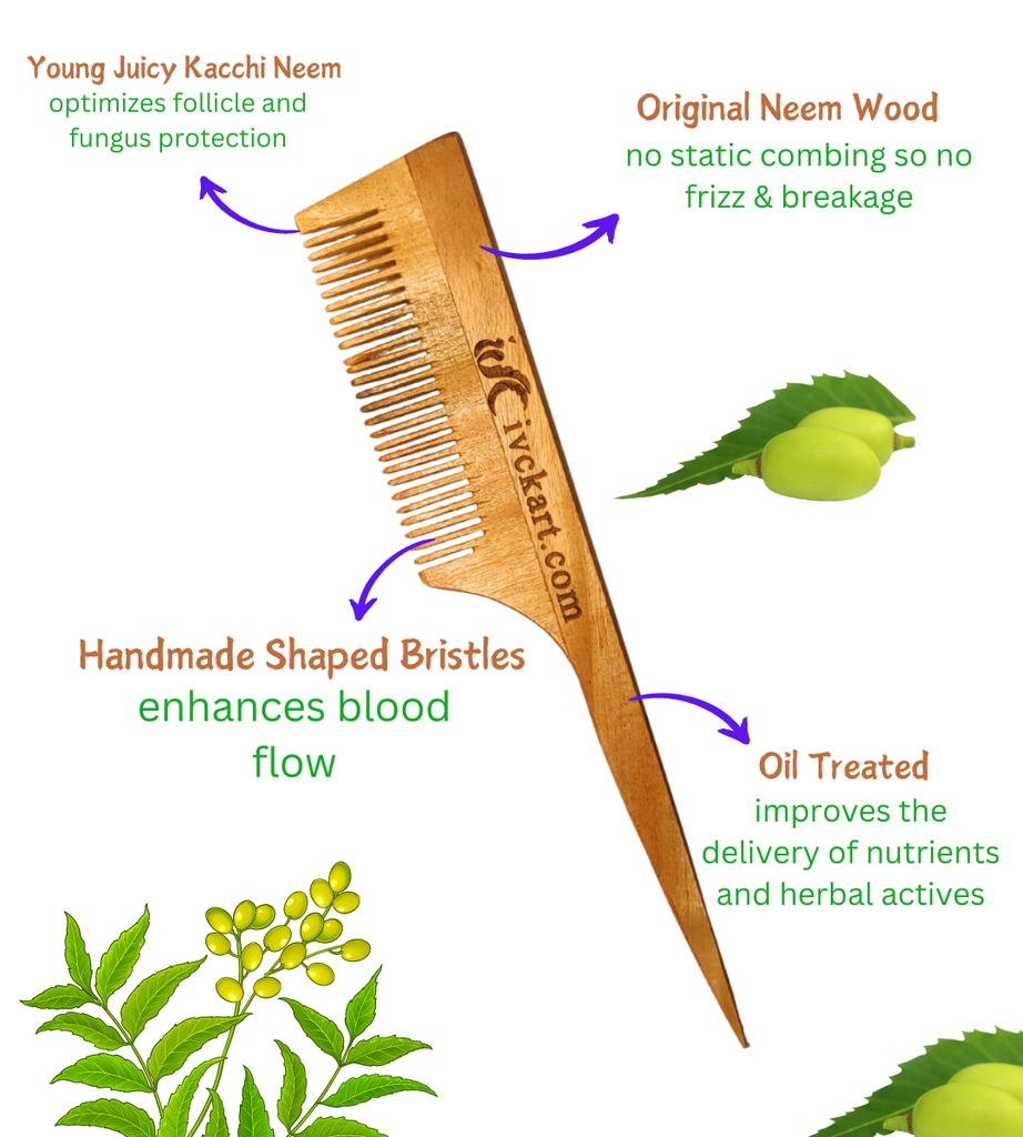 ivckart Kacchi Neem Wooden Pocket+Tail+Dual tooth Comb