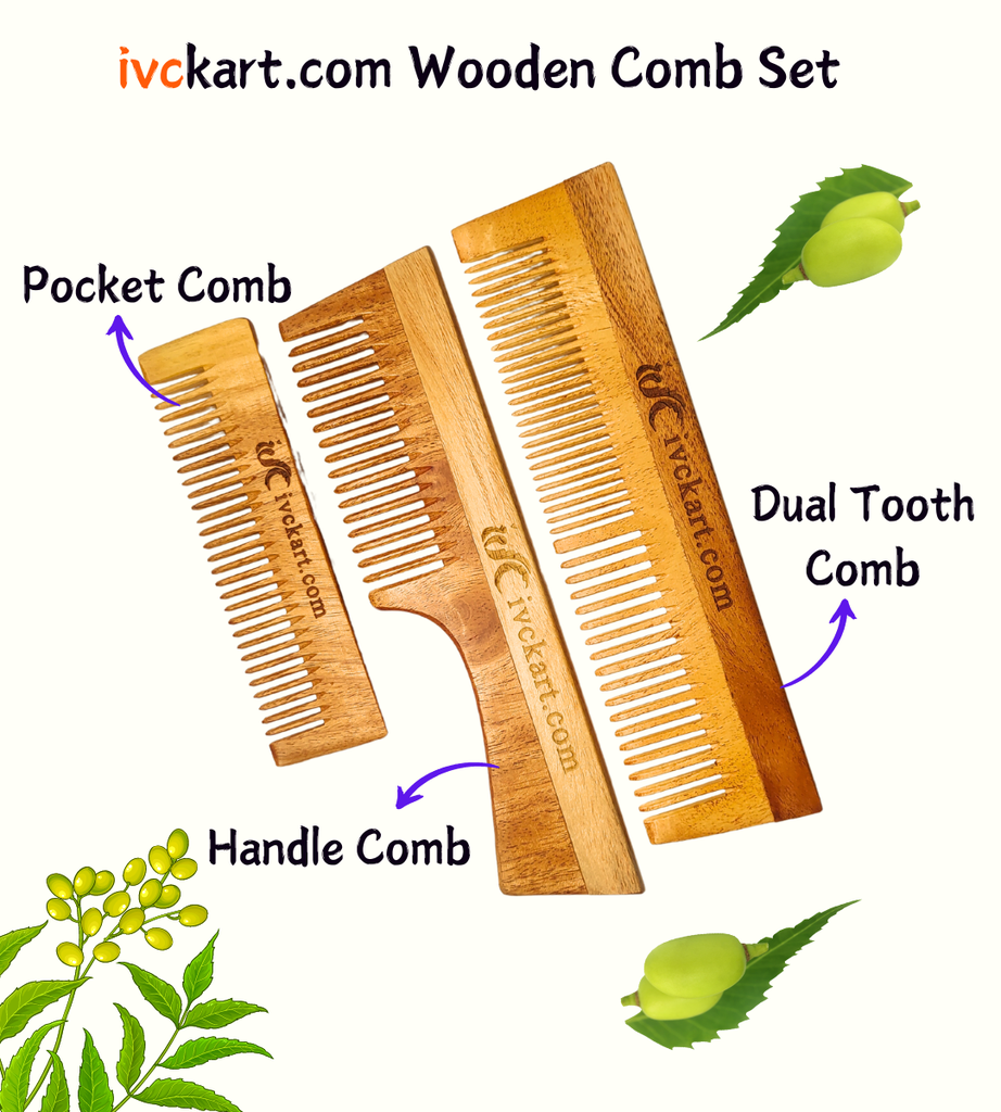ivckart Kacchi Neem Wooden Pocket+Handel+Dual tooth Comb