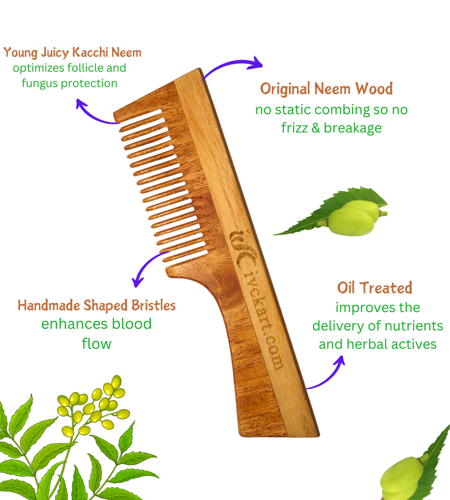 ivckart Kacchi Neem Wooden Pocket+Handel+Dual tooth Comb