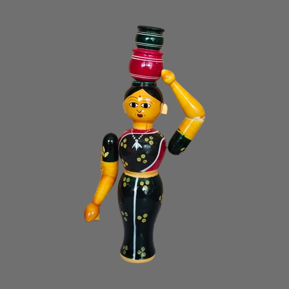 Etikoppaka Home Decor Wooden Crafted Woman with Pots