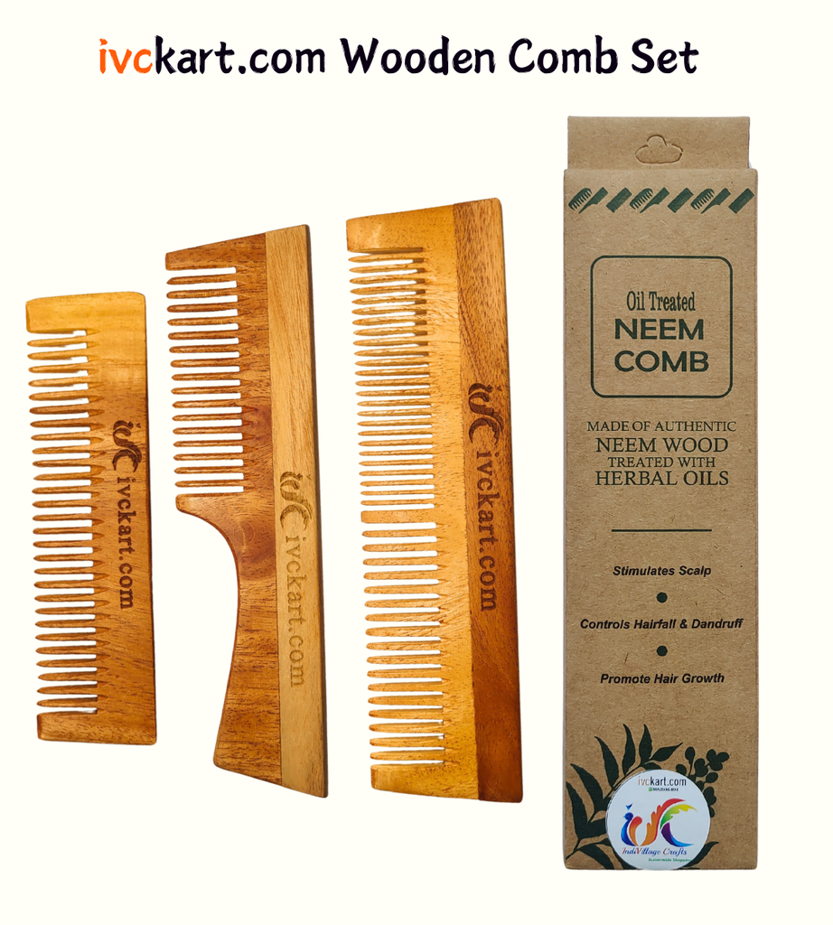 Kacchi Neem Wooden Pocket+Handle+Dual Tooth Comb