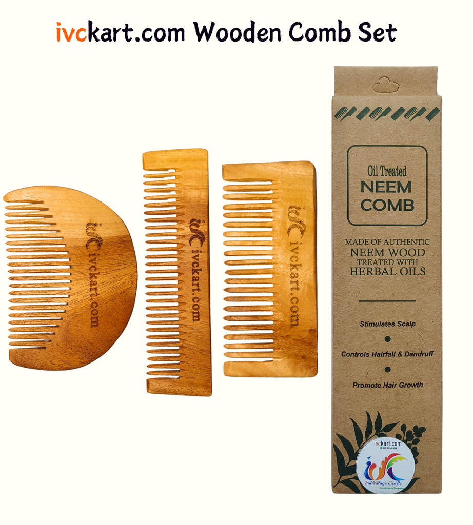 Kacchi Neem Wooden Beard+Pocket+Shampoo Comb