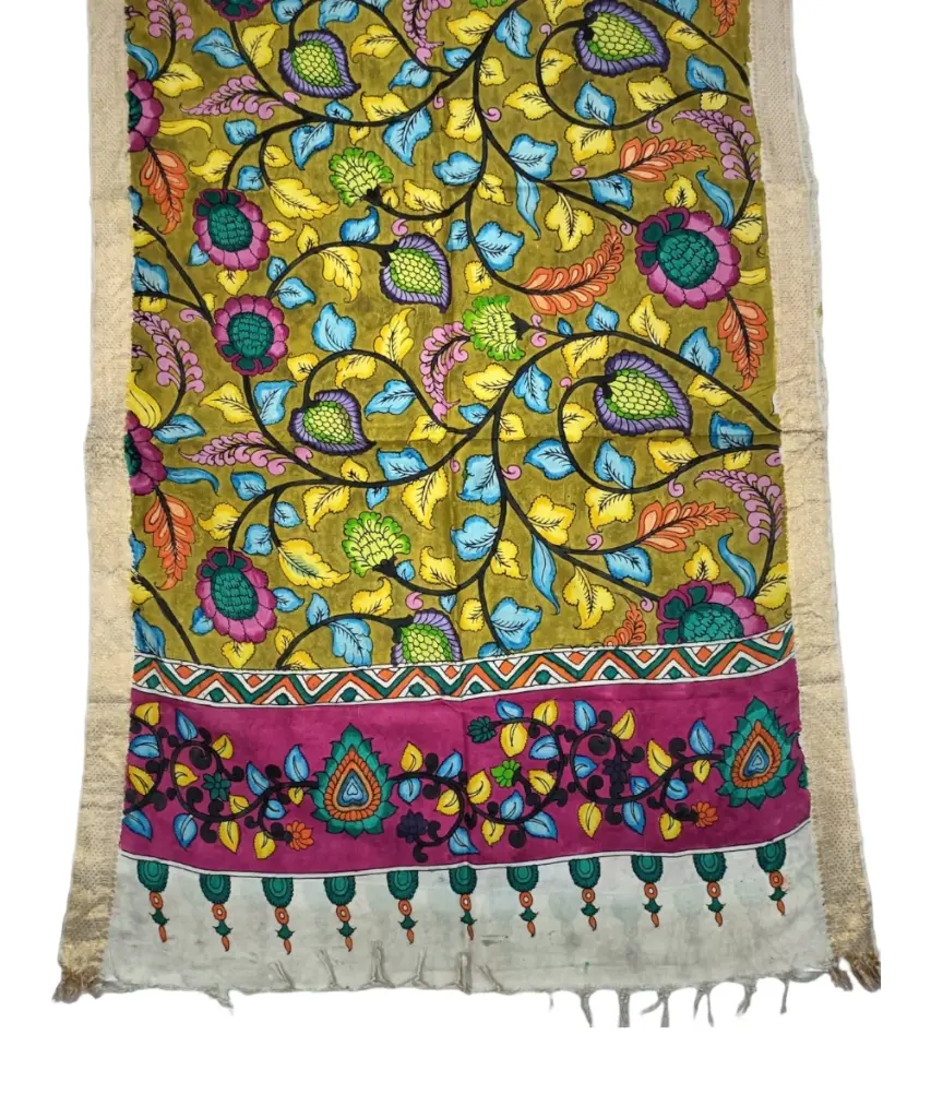 [PENKLDCRMGR02] Pen Kalamkari Silk Dupatta