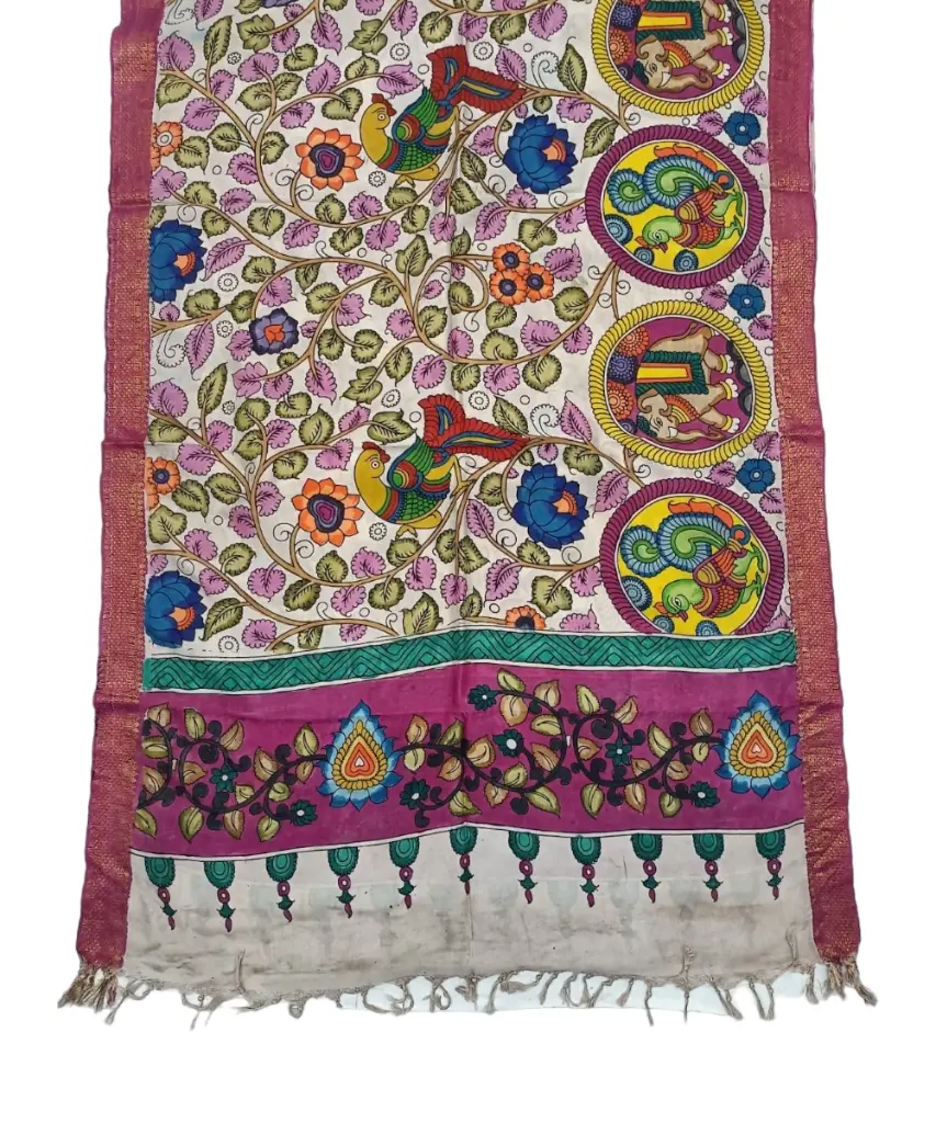 [PENKLDPNKCR03] Pen Kalamkari Silk Dupatta