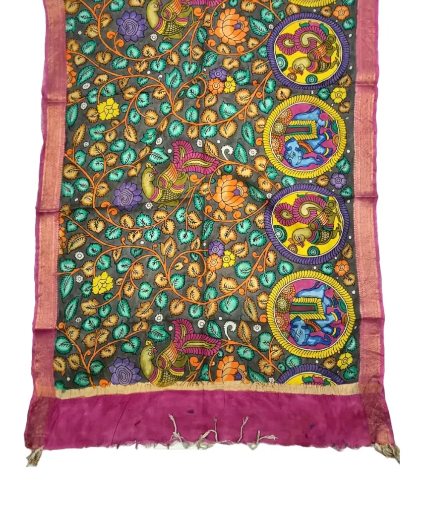 [PENKLDPNKGR04] Pen Kalamkari Silk Dupatta
