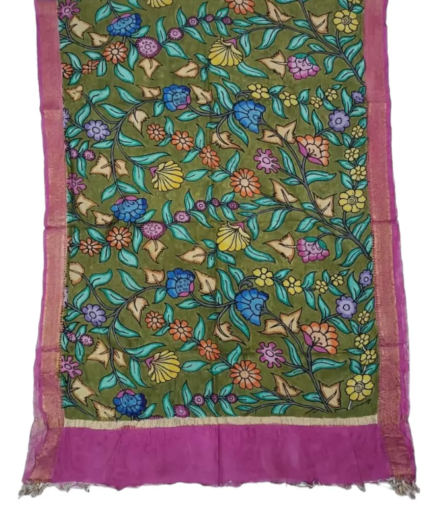 [PENKLDPNKGR18] Pen Kalamkari Silk Dupatta