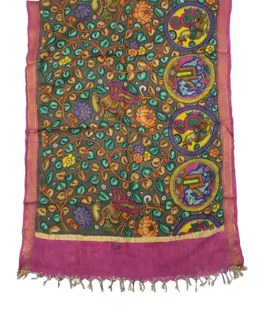 [PENKLDPNKGR36] Pen Kalamkari Silk Dupatta