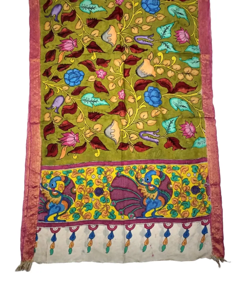 [PENKLDPNKGR56] Pen Kalamkari Silk Dupatta