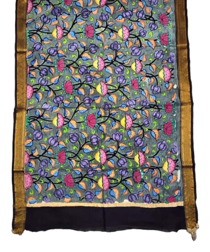 [PENKLDBLKGY19] Pen Kalamkari Silk Dupatta