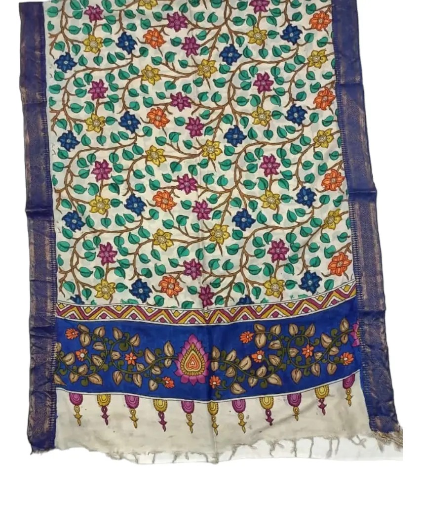 [PENKLDBLUGR32] Pen Kalamkari Silk Dupatta