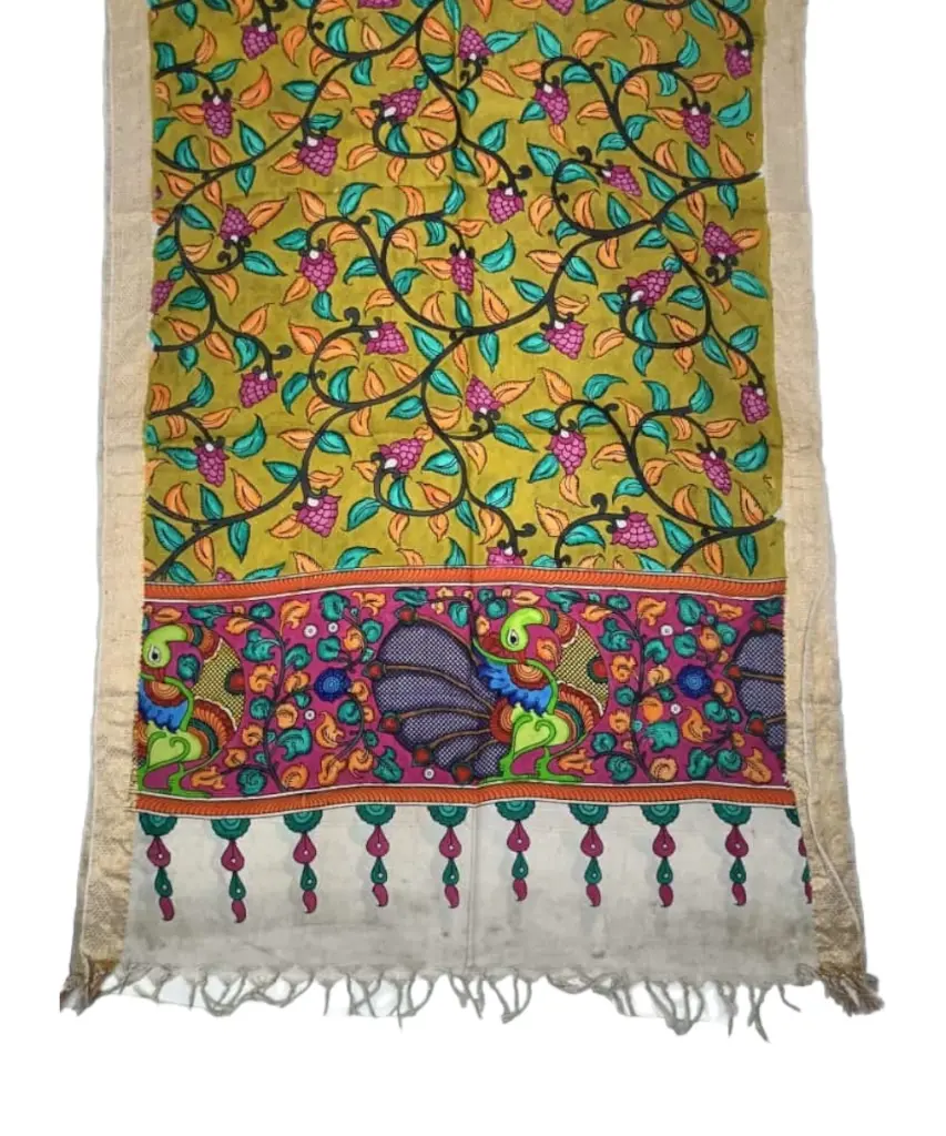 [PENKLDCRMGR27] Pen Kalamkari Silk Dupatta