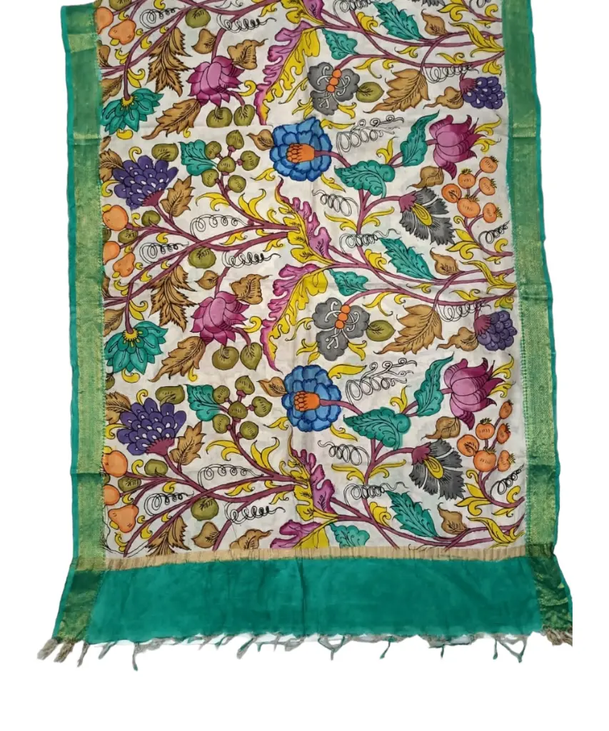 [PENKLDGRECR53] Pen Kalamkari Silk Dupatta