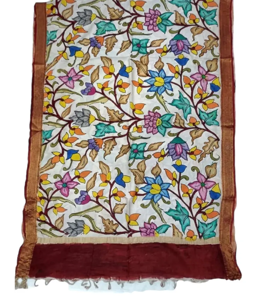 [PENKLDMRNCR21] Pen Kalamkari Silk Dupatta