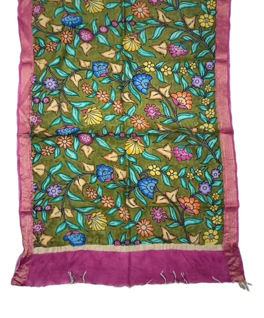 [PENKLDPNKGR25] Pen Kalamkari Silk Dupatta