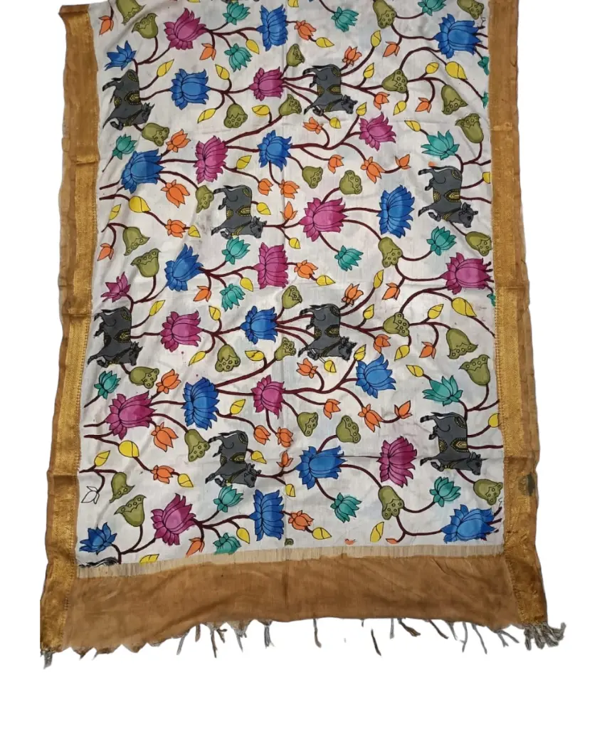 [PENKLDYELCR33] Pen Kalamkari Silk Dupatta