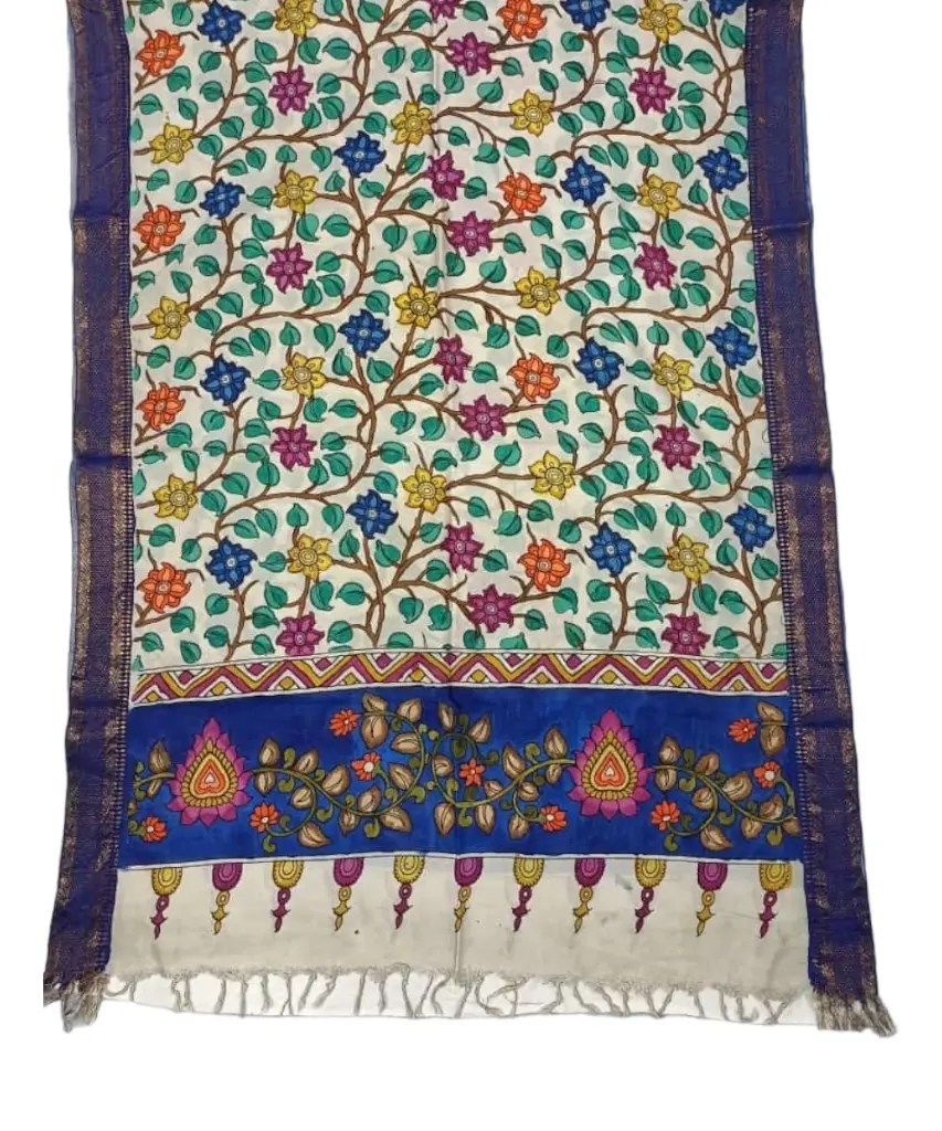 [PENKLDBLUCR15] Pen Kalamkari Silk Dupatta