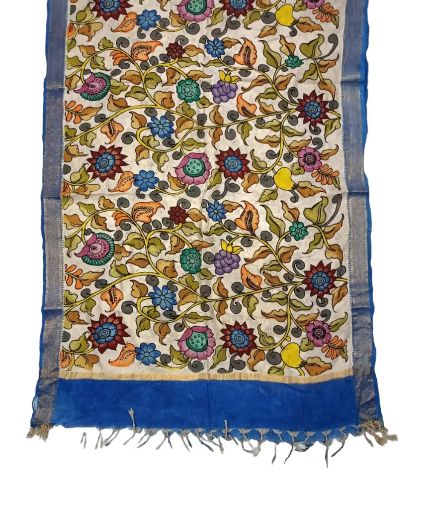 [PENKLDBLUCR42] Pen Kalamkari Silk Dupatta