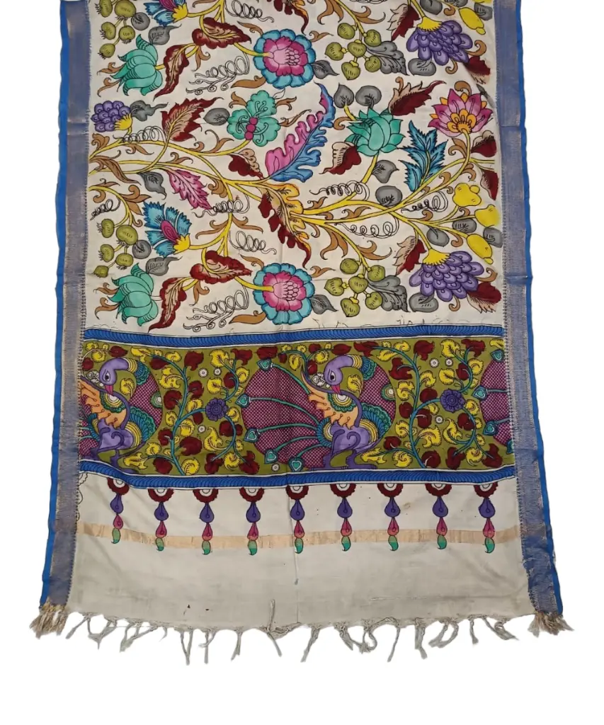 [PENKLDBLUCR43] Pen Kalamkari Silk Dupatta