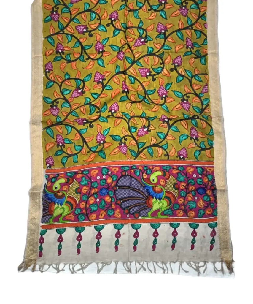 [PENKLDCRMGR05] Pen Kalamkari Silk Dupatta