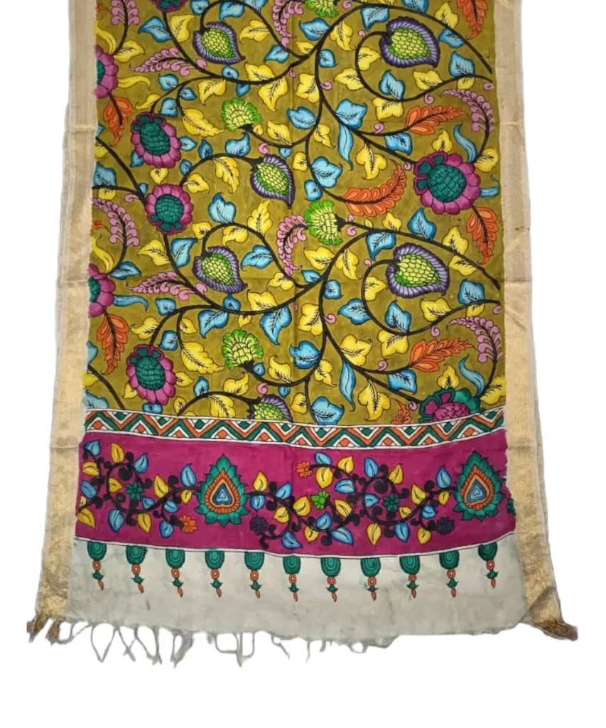 [PENKLDCRMYW29] Pen Kalamkari Silk Dupatta
