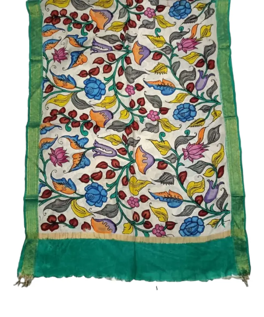 [PENKLDGRECR14] Pen Kalamkari Silk Dupatta