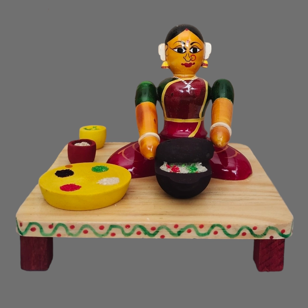 [WCEKSLR] Etikoppaka Wooden Crafted Woman with horizontal mortar Item