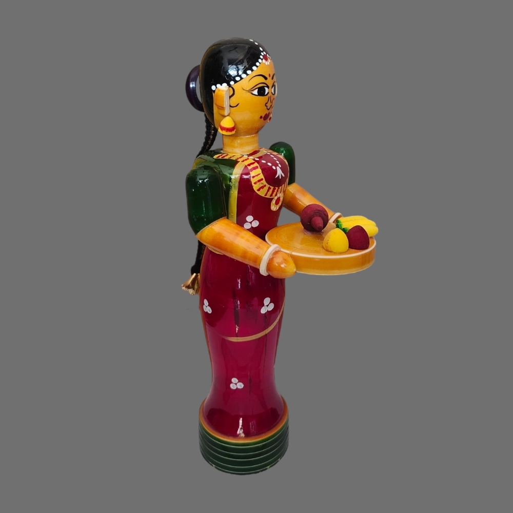 [WCEKSLT] Etikoppaka Home Decor Wooden Crafted Woman with fruits serve