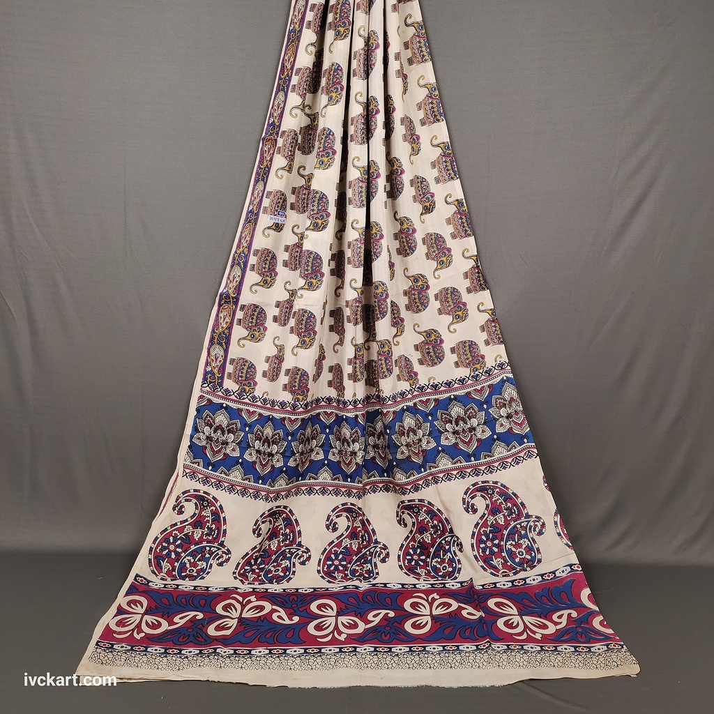 [KLSSBLUECRM] Kalamkari Hand Block Silk Saree