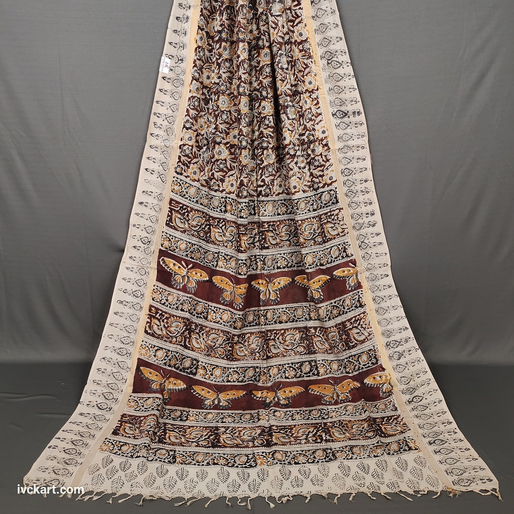 [KLSSBRWNCRM] Kalamkari Hand Block Silk Saree