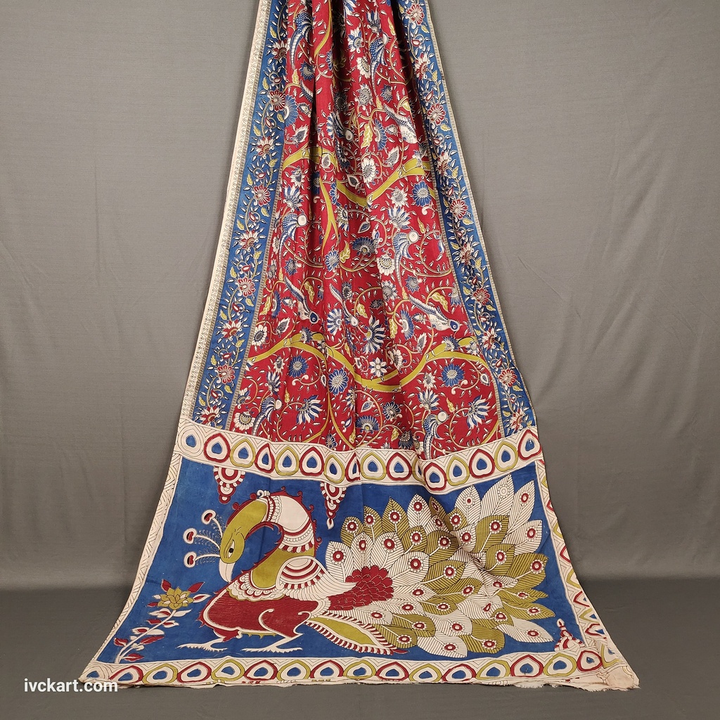 [KLSSREDBLUE] Kalamkari Hand Block Silk Saree