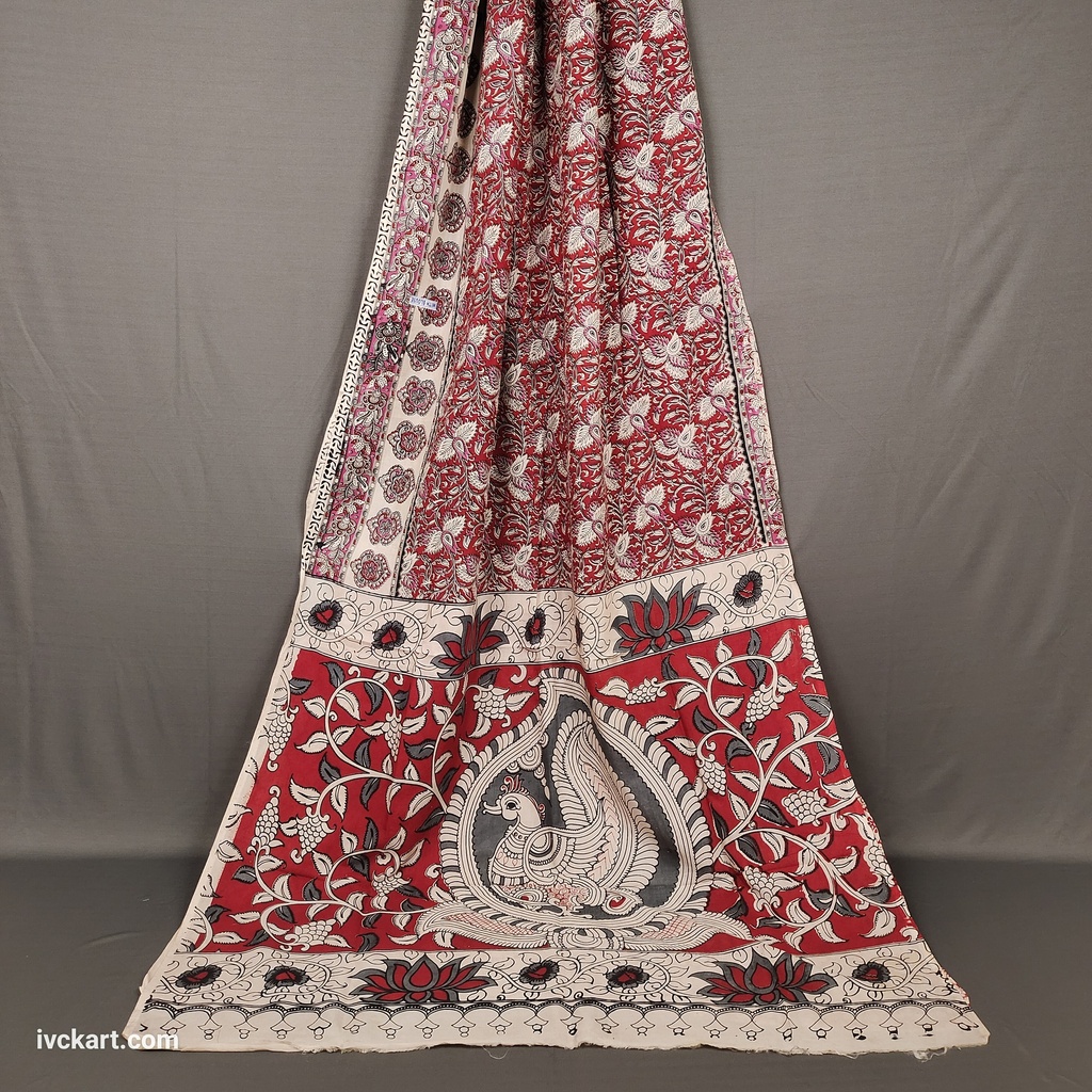[KLSSREDCREM] Kalamkari Hand Block Silk Saree
