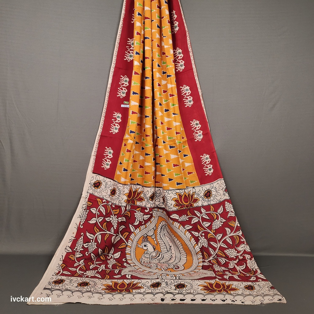 [KLSSYELWRED] Kalamkari Hand Block Silk Saree