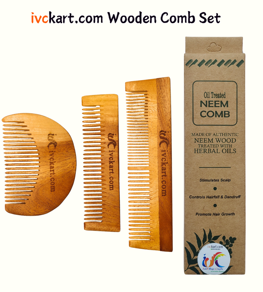 [IVCKNWBPDC] Kacchi Neem Wooden Beard+Pocket+Dual Tooth Comb