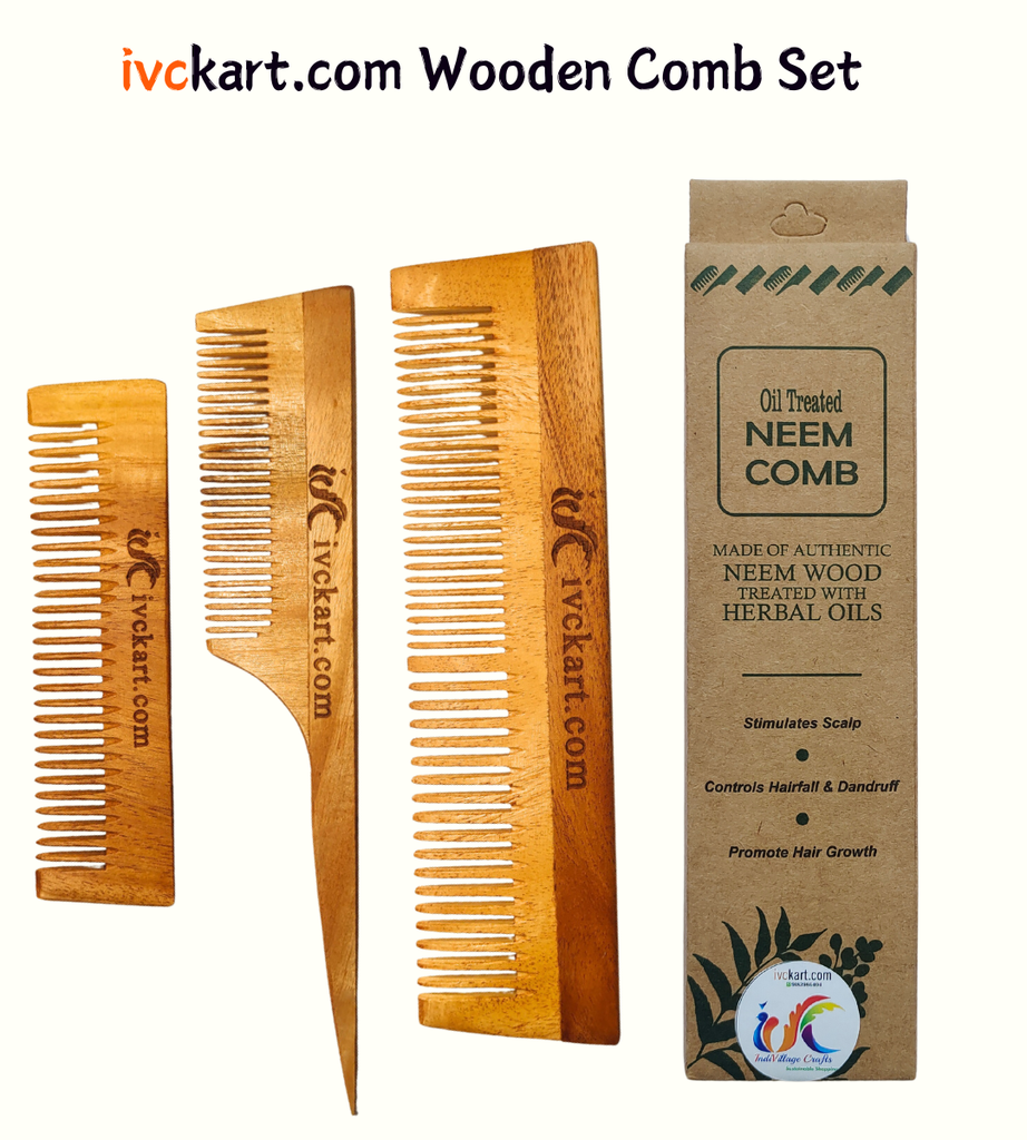 [IVCKNWPTDC] Kacchi Neem Wooden Pocket+Tail+Dual Tooth Comb