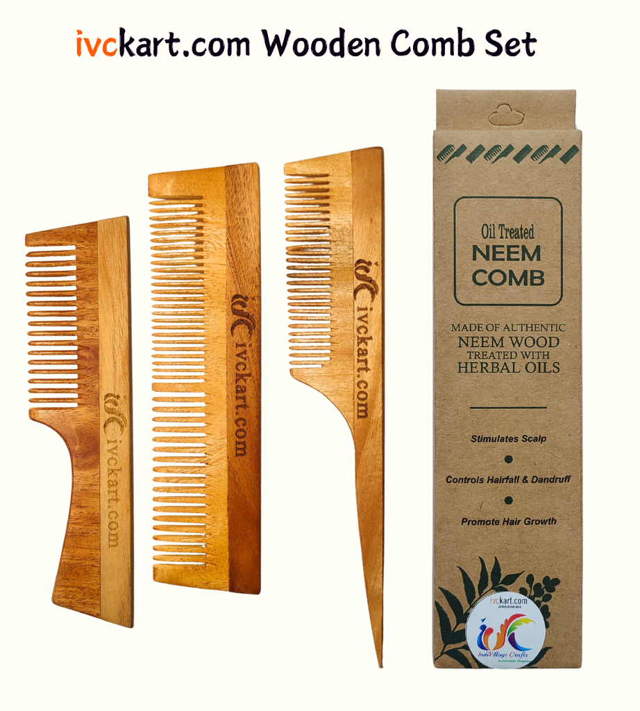 [IVCKNWHDTC] Kacchi Neem Wooden Handle+Dual Tooth+Tail Comb