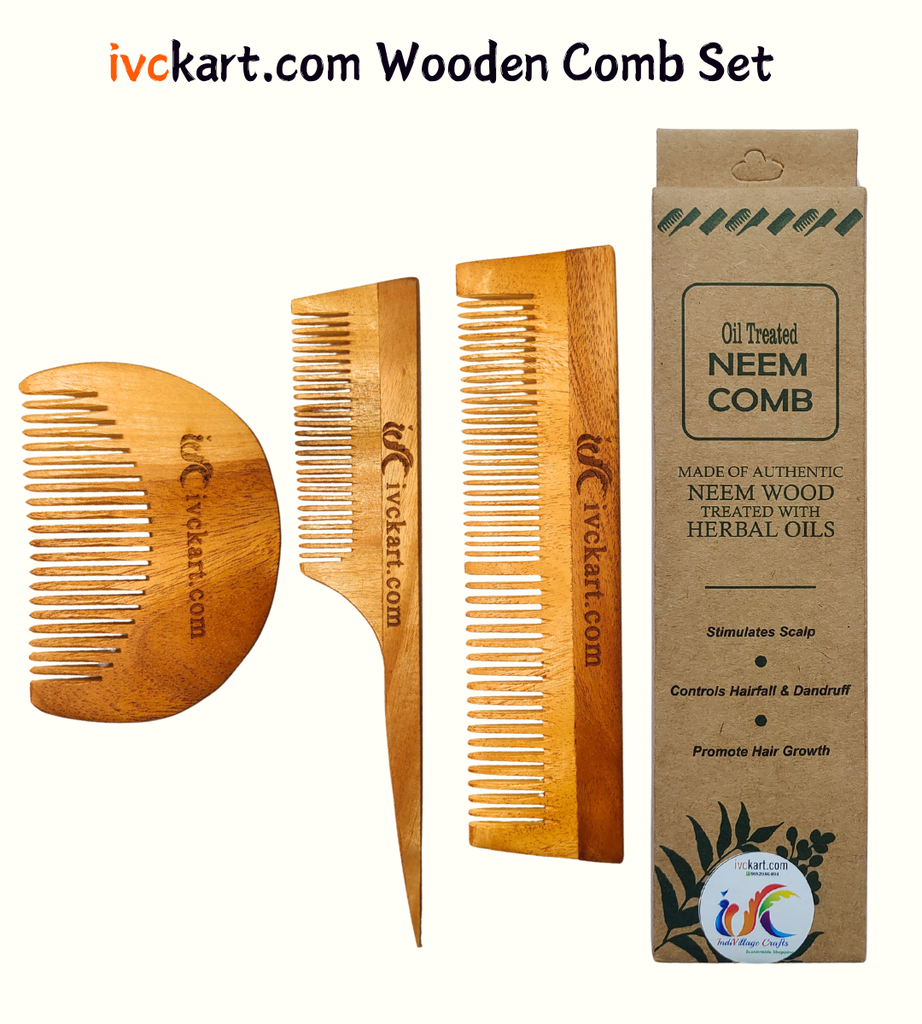 [IVCKNWBDC] Kacchi Neem Wooden Beard+Tail+Dual Tooth Comb